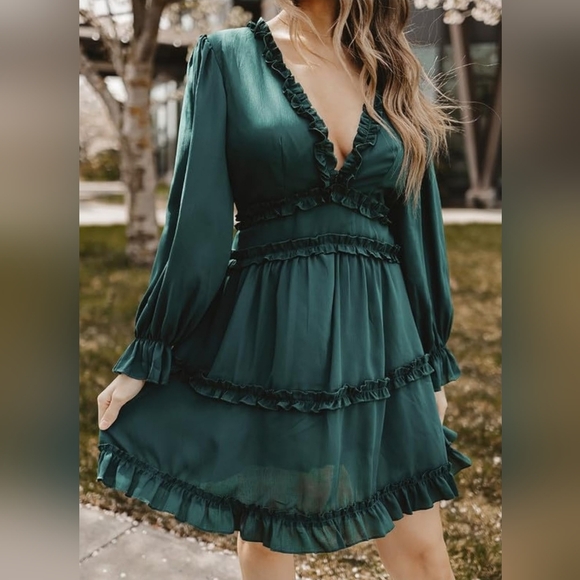 boutique Dresses & Skirts - Forest Green Deep V Neck Ruffle Long Sleeve Open Back Flowy Mini Dress